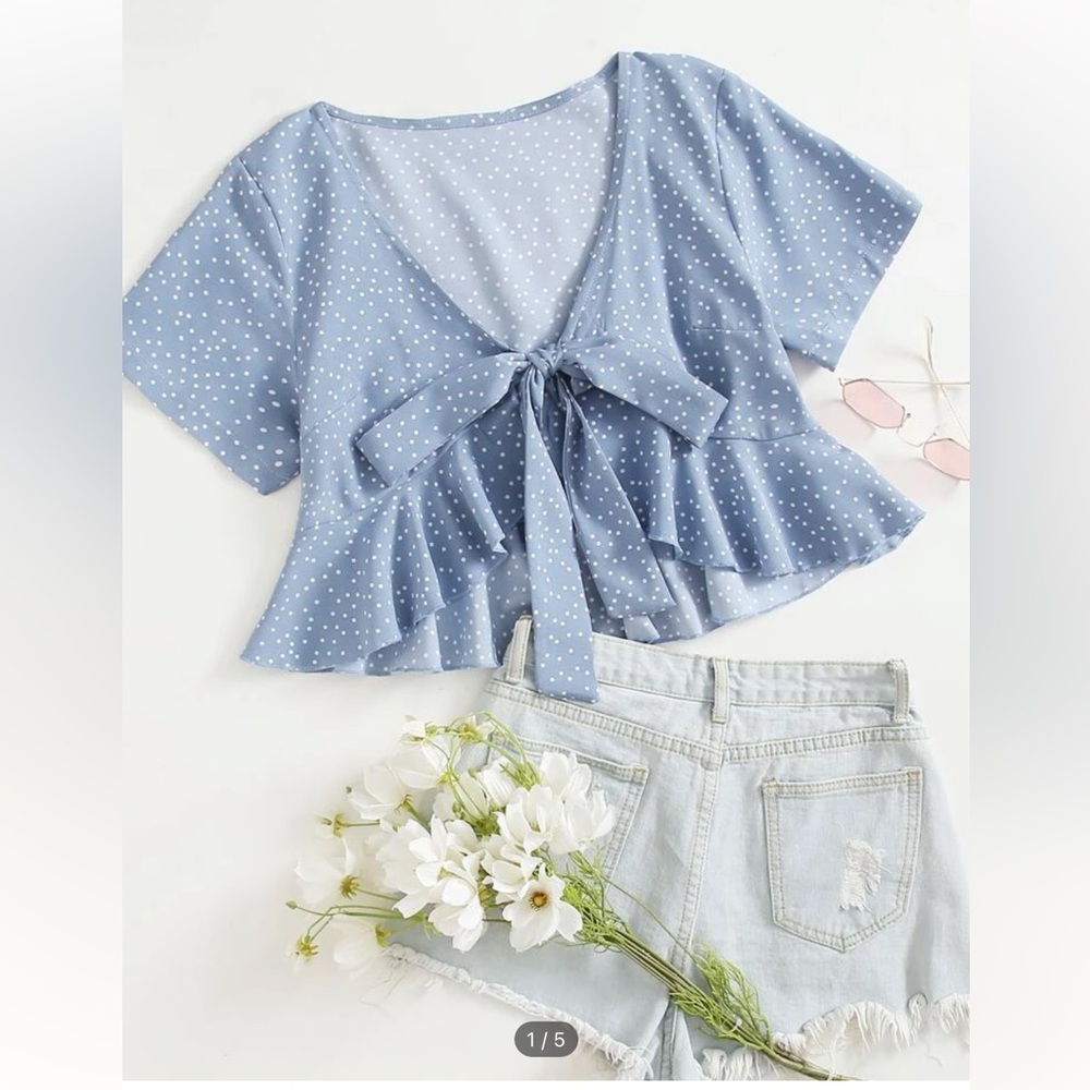 Light blue polka dot tie front crop babydoll top